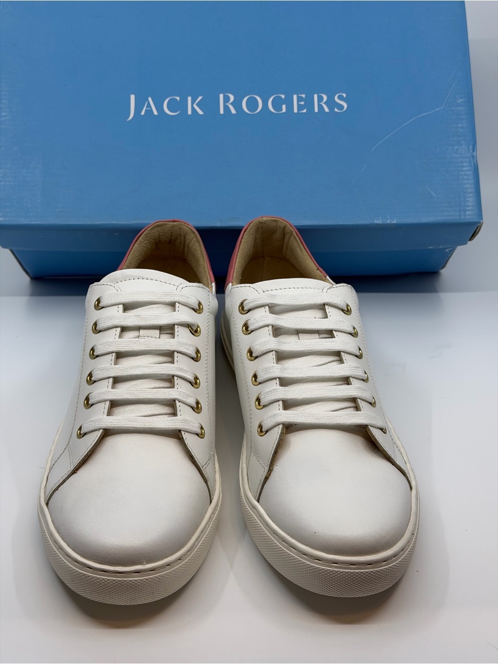 Jack Rogers White Leather Low-Top Sneakers with Pink Heel Trim